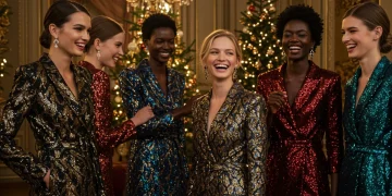 Models in luxurious 2026 winter collection holiday party outfits