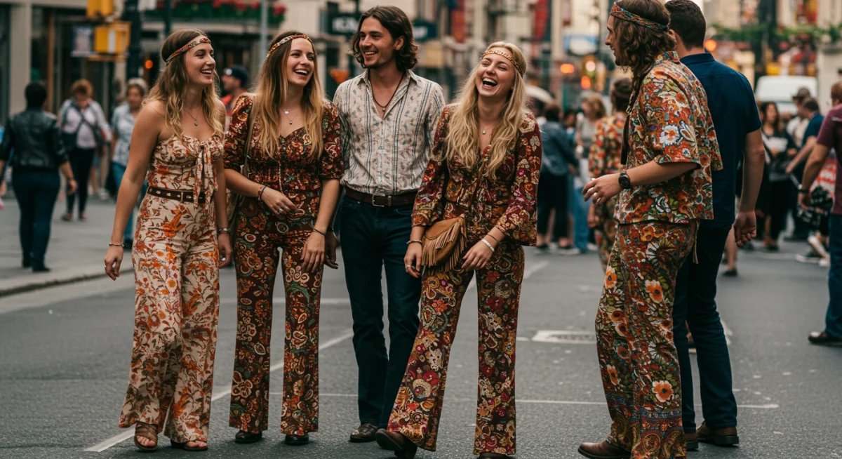 Young adults in 70s bohemian fashion with modern updates on a city street.