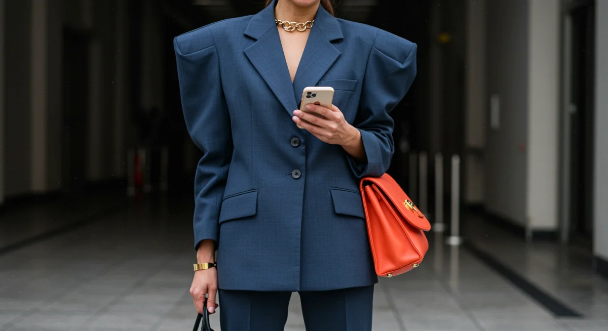 Woman in 80s-inspired power suit with modern accessories, showcasing a fashion revival.