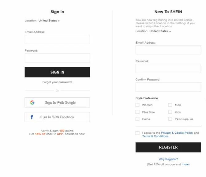Sign in with your registered Shein account