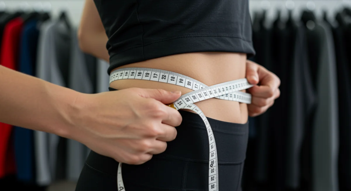 Close-up of a tape measure around a person's waist, emphasizing accurate body measurements.