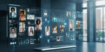 AI-powered platform matching users with clothing tests in a futuristic digital environment.