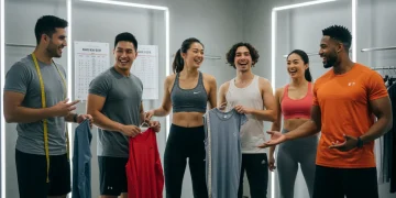 Athletes happily trying on new athletic wear in a modern fitting room, surrounded by sizing charts.
