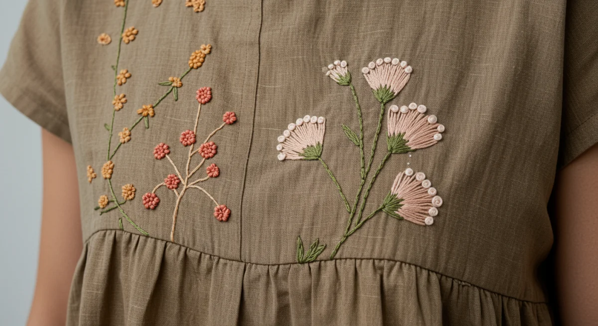 Close-up of botanical embroidery on organic cotton garment