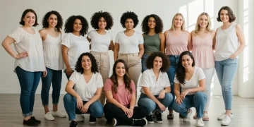 Diverse women of all sizes confidently wearing Brand B clothing.