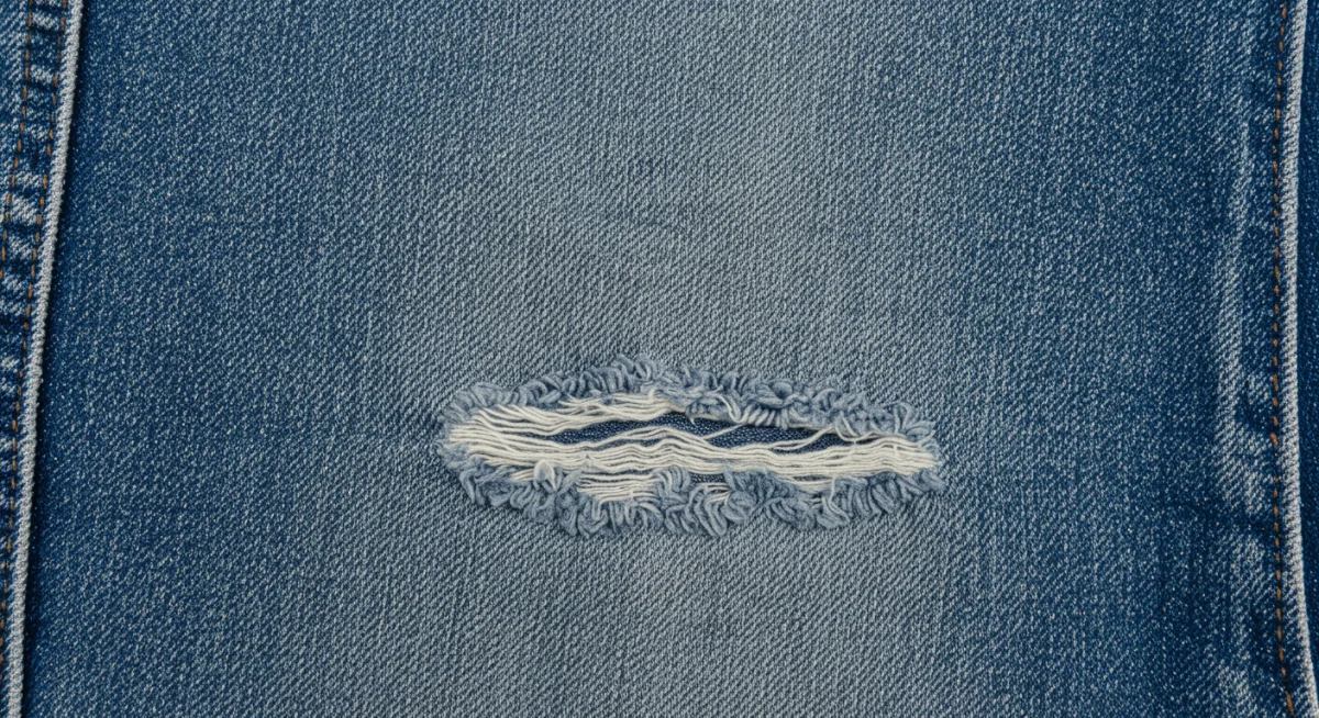 Close-up of Brand D denim knee wear after a year.