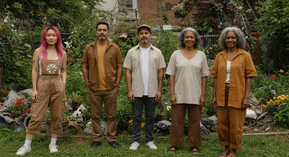 Diverse models wearing Brand X sustainable clothing in urban garden