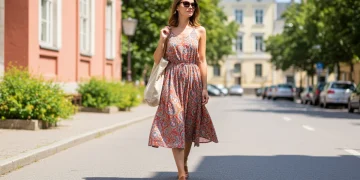 Woman in a stylish, budget-friendly summer dress walking confidently