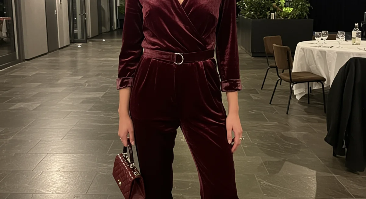 Burgundy velvet jumpsuit for 2026 holiday party fashion