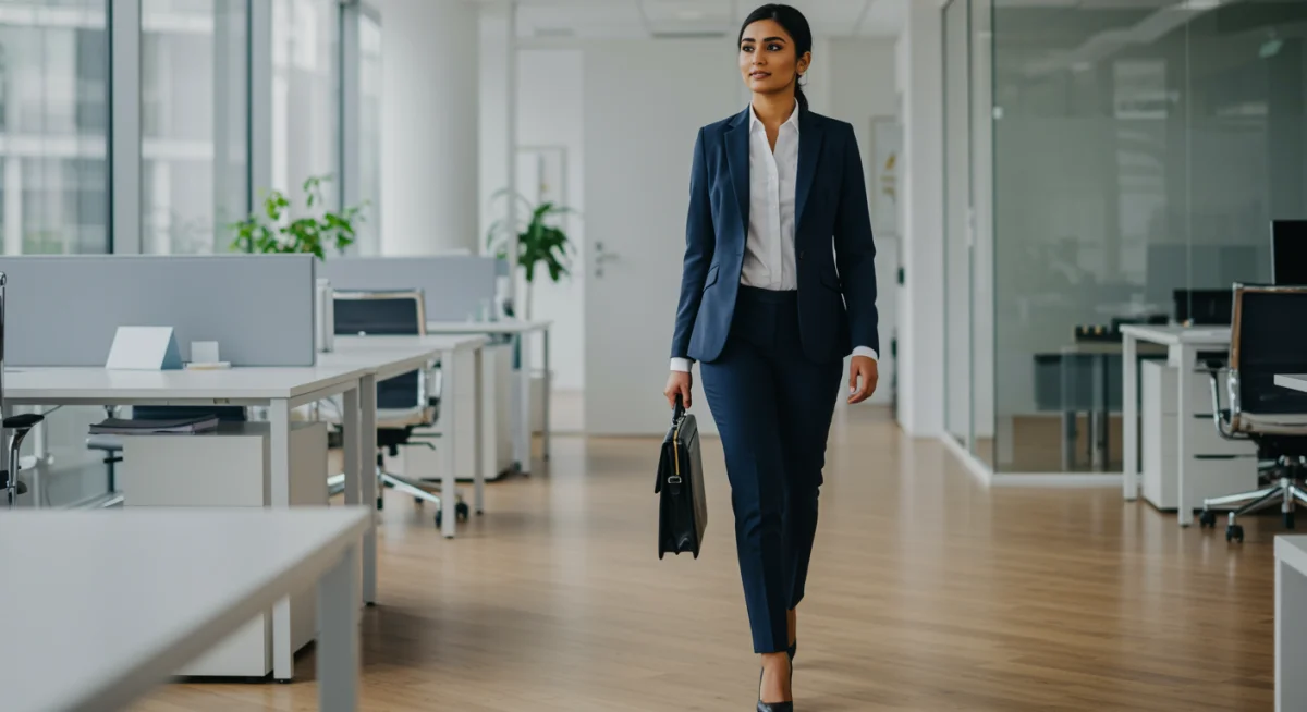 Professional attire for a business meeting, featuring a well-dressed individual in a corporate office setting.