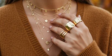 Woman wearing chunky gold rings and layered necklaces for fall