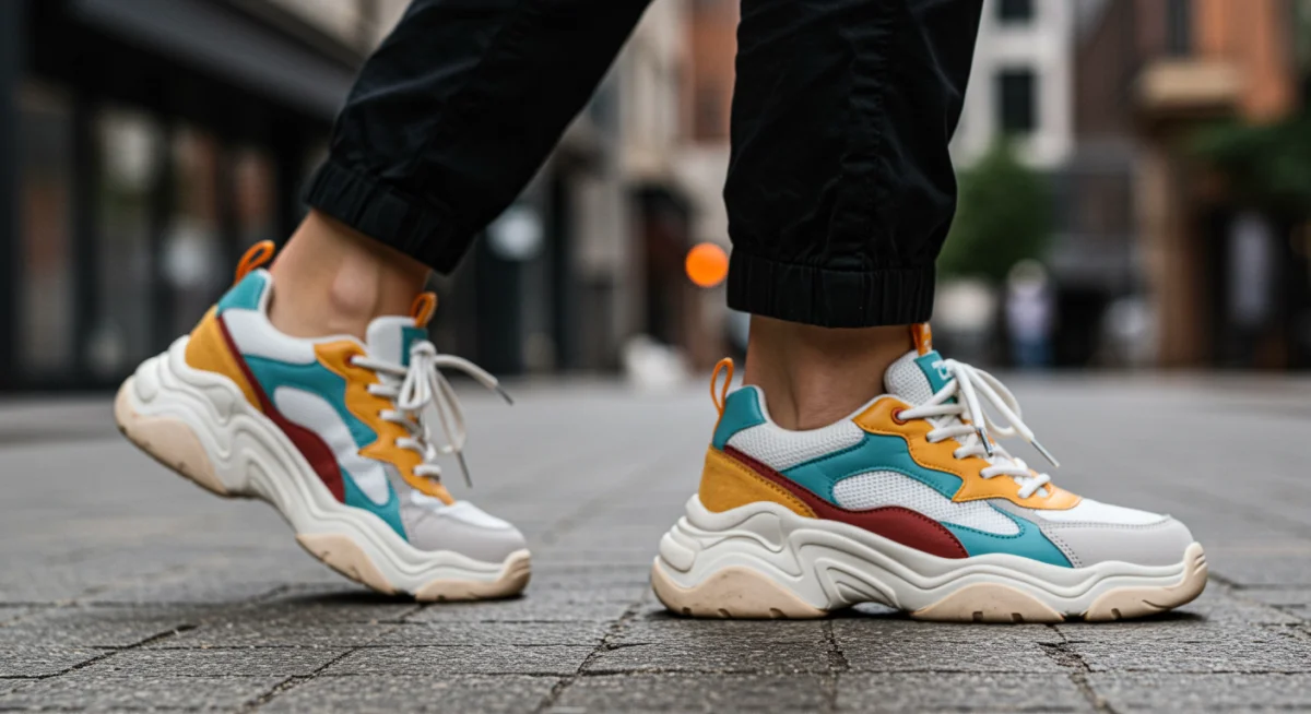 Person wearing chunky retro sneakers walking on a city street, highlighting current urban footwear fashion.
