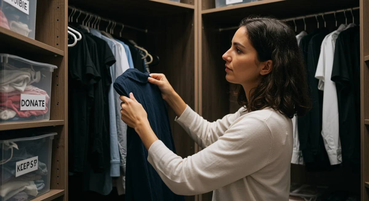 Person decluttering closet for capsule wardrobe