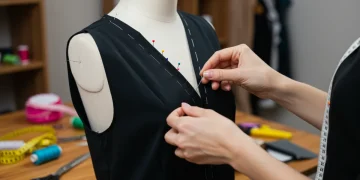 Hands pinning fabric on a dress form for a custom clothing alteration