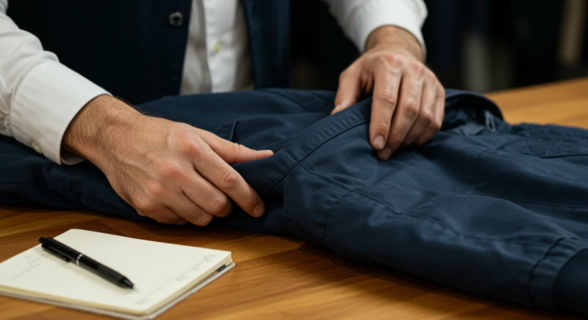 Hands inspecting fabric quality of a new jacket during a clothing tester program.