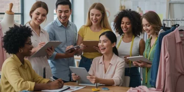 Diverse group of clothing testers evaluating garments in a modern studio setting.