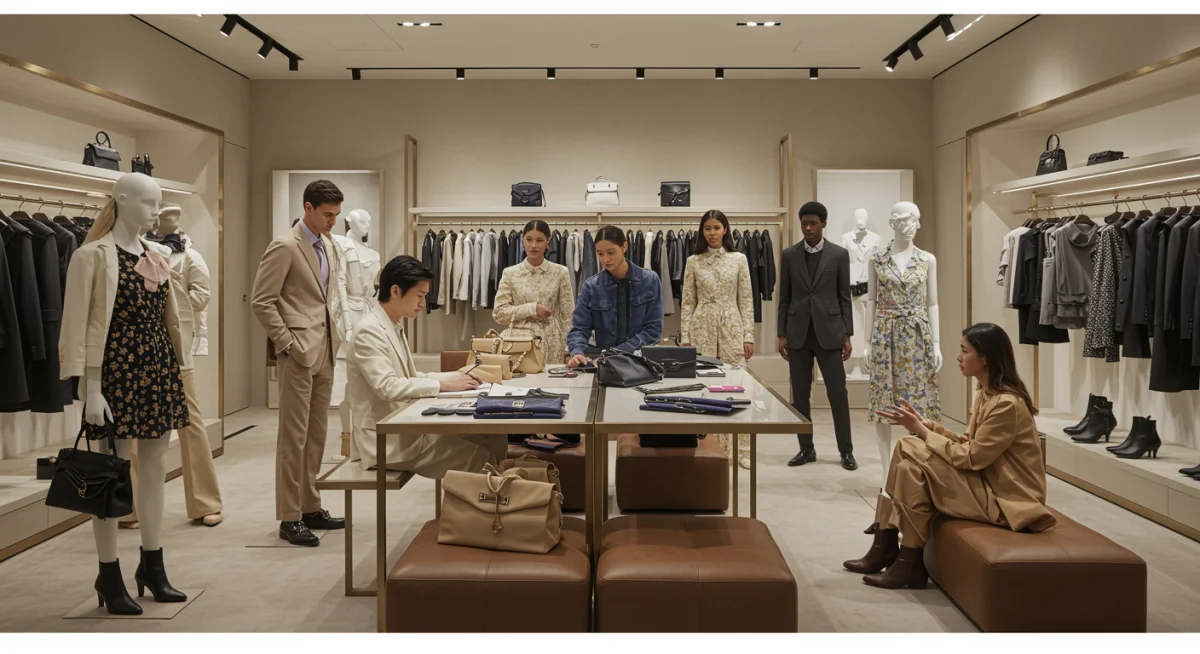 Consumers interacting with Luxury Brand Y's new collection, evaluating quality and price.