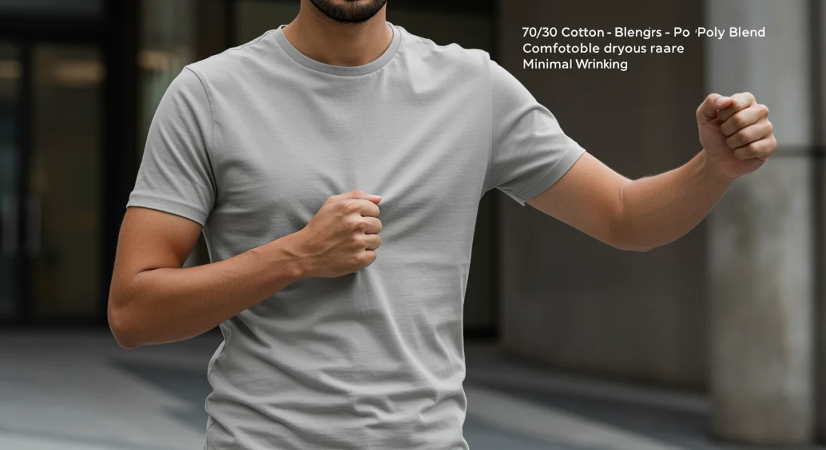 Person stretching in comfortable 70/30 cotton-poly blend t-shirt