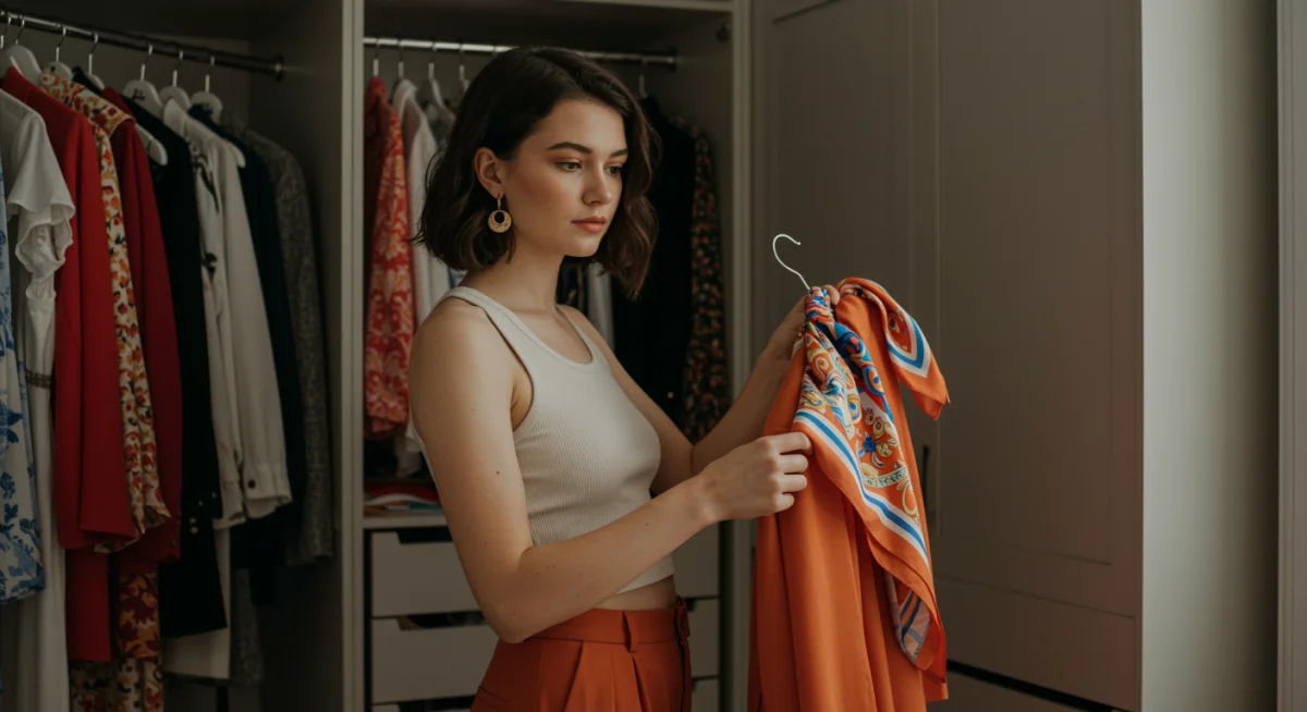 Person mixing and matching 2026 spring clothes in a closet.