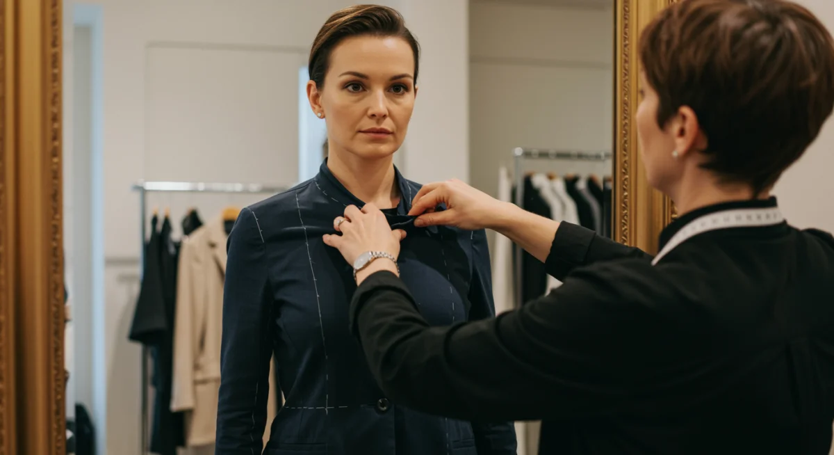 Client and tailor collaborating on final adjustments for a custom-fitted garment.