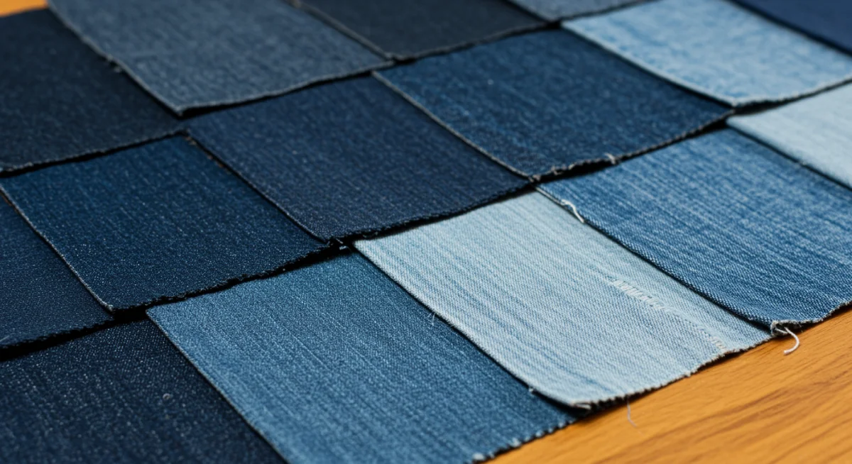 Close-up of various denim fabric washes and textures.