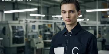 Designer Brand C garment with manufacturing background