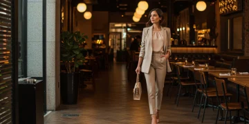 Woman transitioning workwear from office to dinner in US
