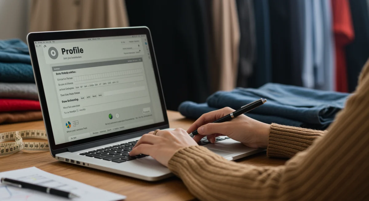 Person completing a detailed online application for clothing tests on a laptop.