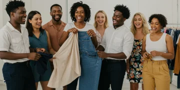 Diverse group happily trying on new clothes, collaborating and examining garments.