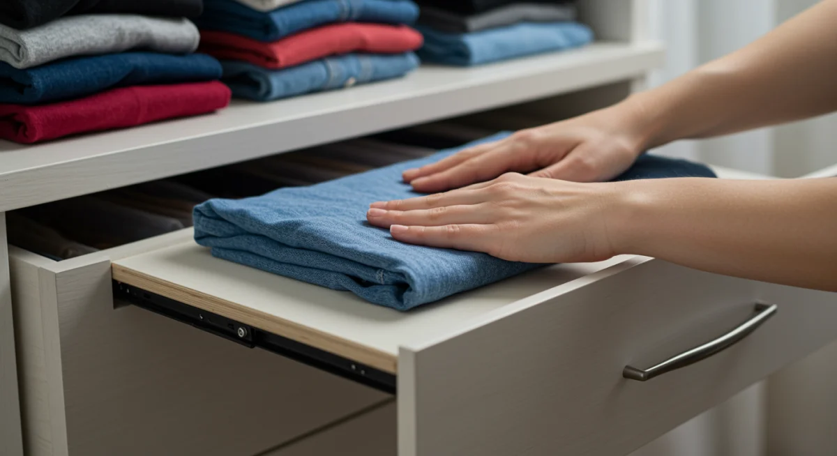 Person folding clothes using a board for efficient wardrobe organization