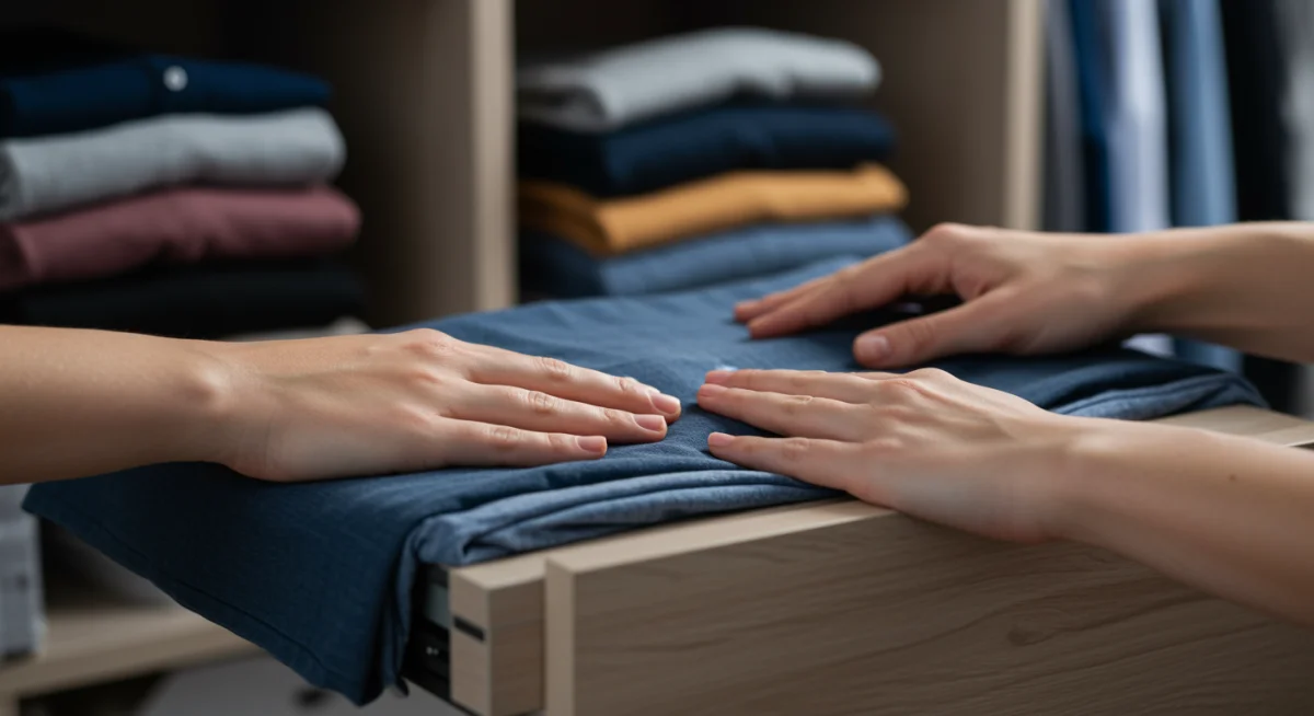 Hands folding clothes neatly with a folding board for efficient storage.