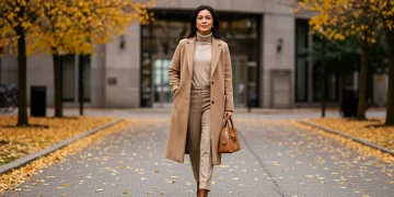 Woman in elegant fall capsule wardrobe walking city street