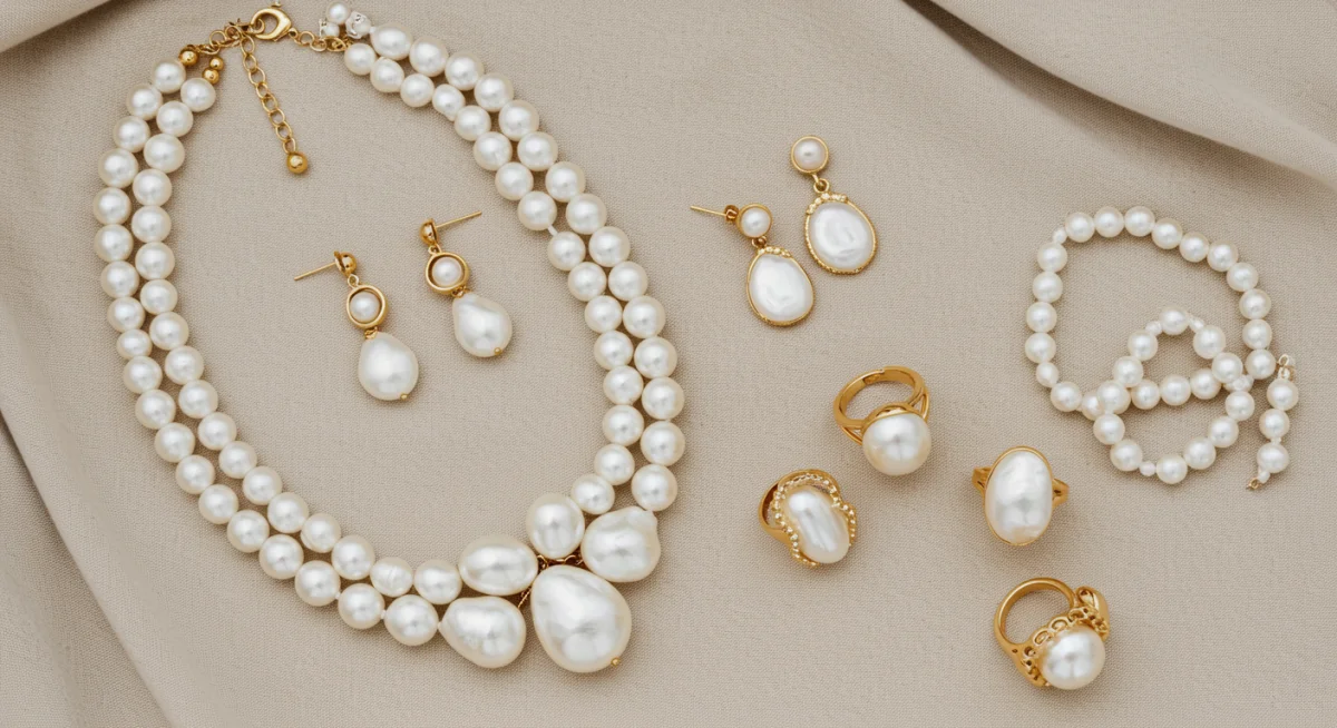 Elegant pearl necklace and earrings on a fabric background