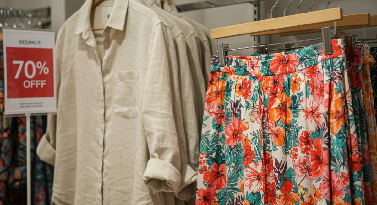 End-of-season summer clothing sale with a 70% off sign