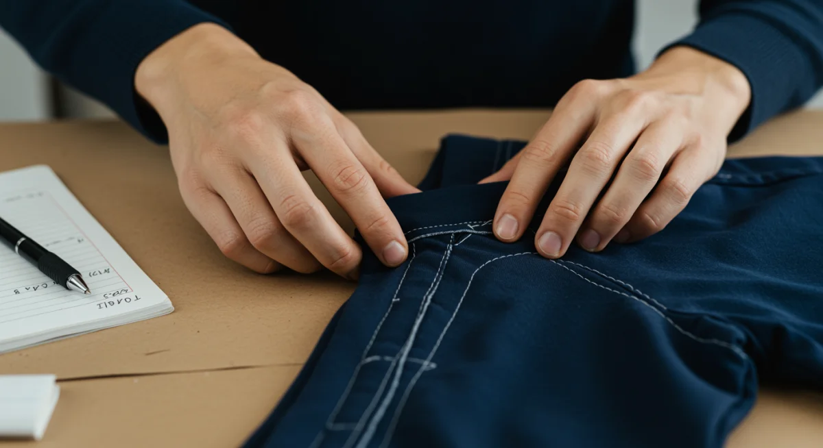 Person examining fabric quality and stitching of a new garment