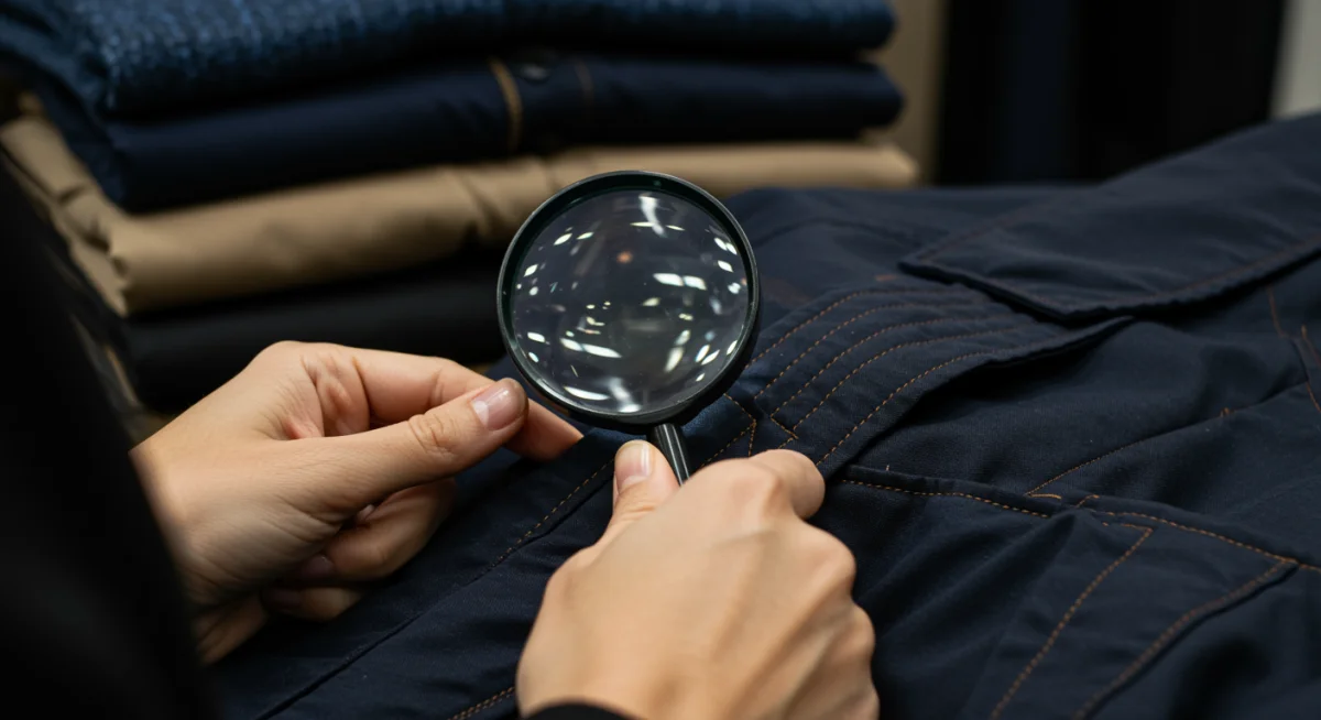 Hands inspecting the quality and stitching of a high-end jacket.