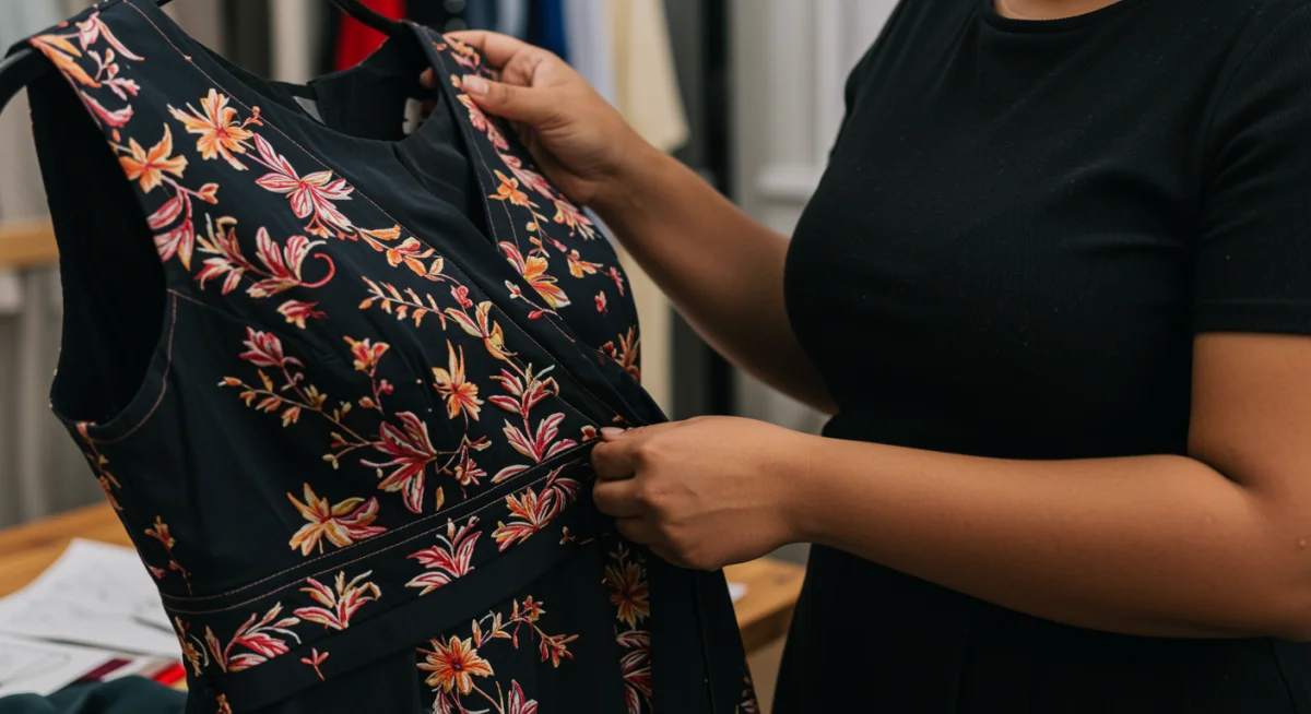 Woman inspecting fabric quality and stitching of plus-size garment, design elements in background.
