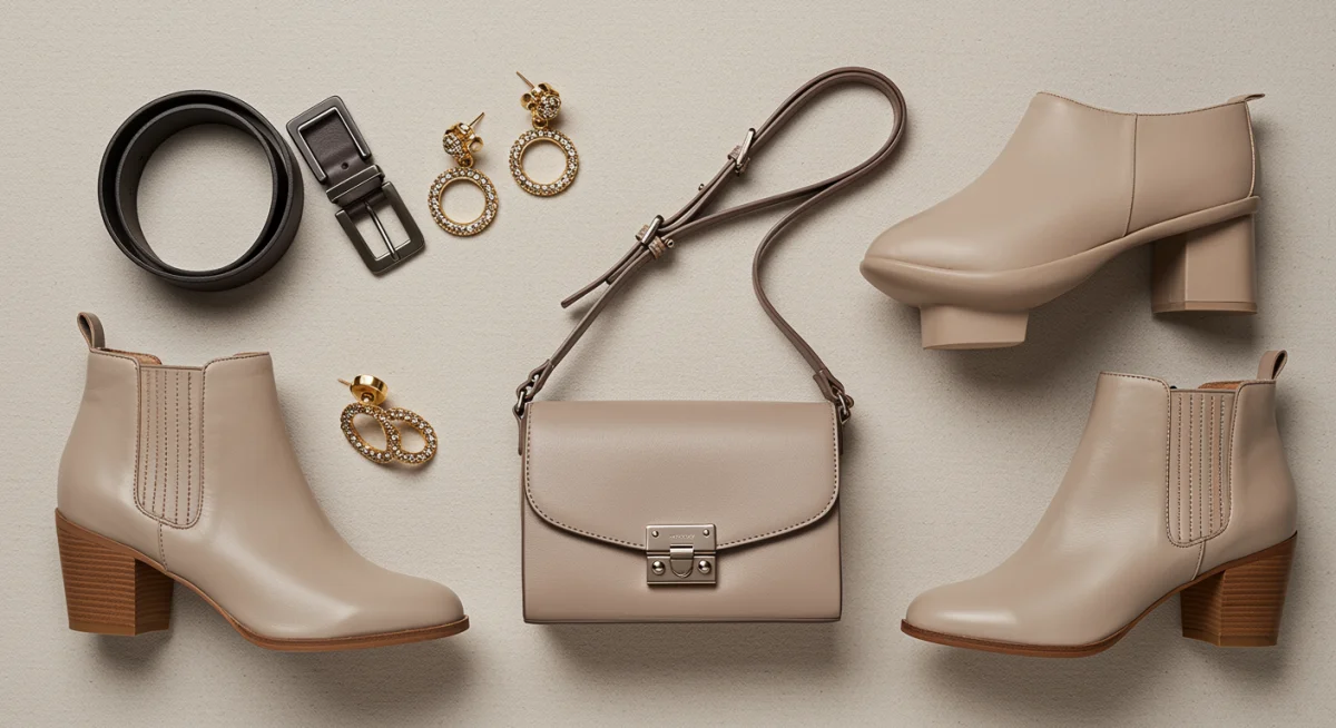 Flat lay of essential fall 2026 accessories: belt, boots, bag, earrings.