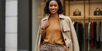 Woman modeling fall designer clothing, smiling confidently