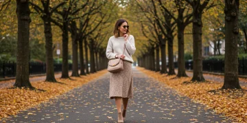 Woman in stylish fall transitional outfit on a tree-lined street