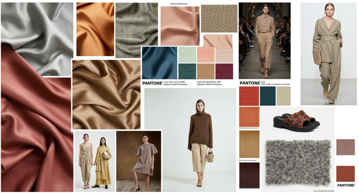 Fashion mood board with 2026 Pantone-inspired fabric swatches