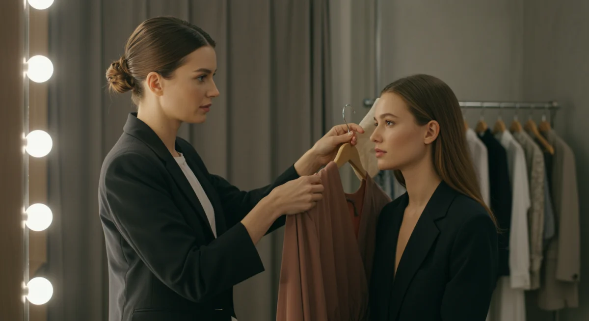 Fashion stylist helping client choose colors based on skin tone.