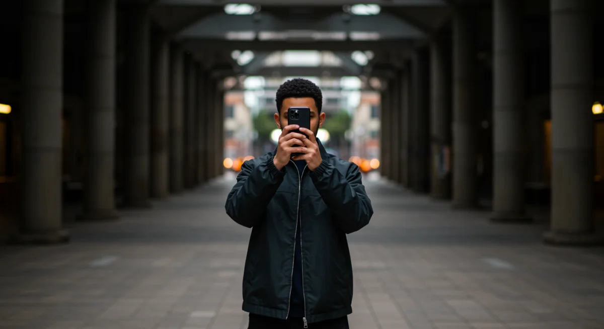 Stylish individual confidently modeling a new outfit from a clothing tester program in an urban setting.