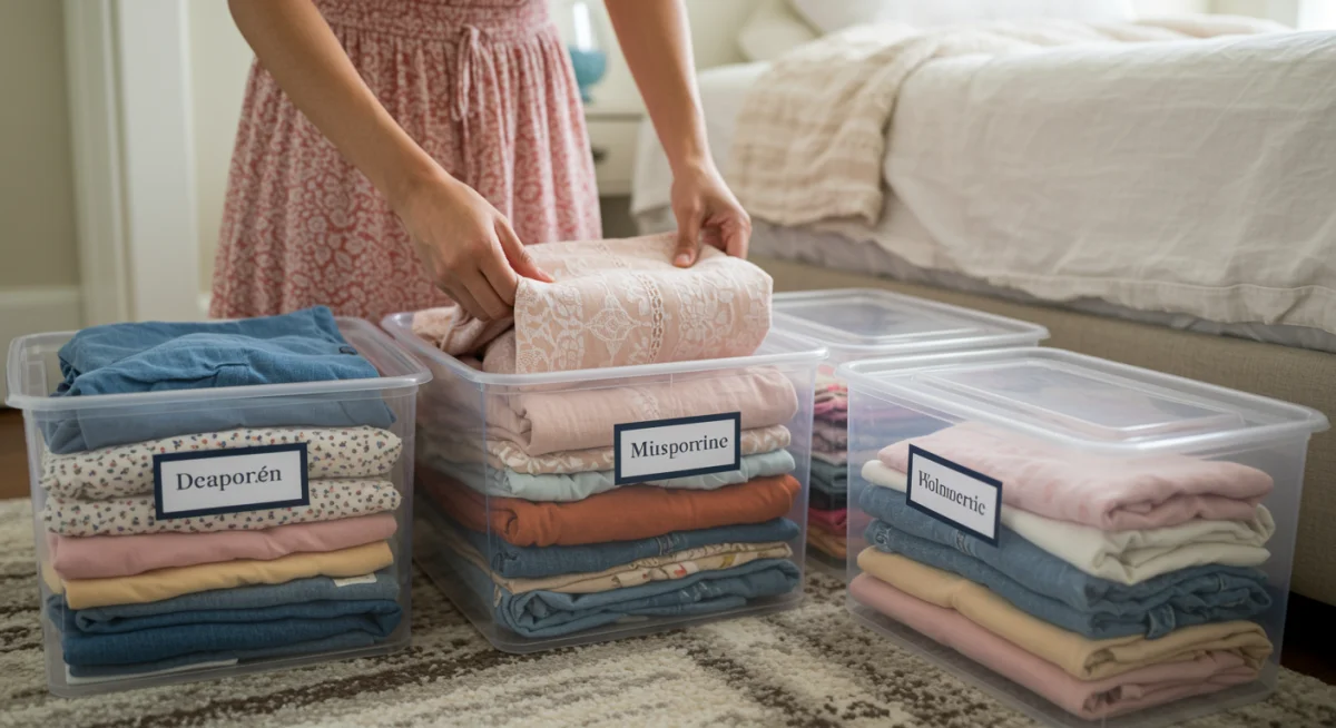 Person folding summer dresses for storage in labeled bins.