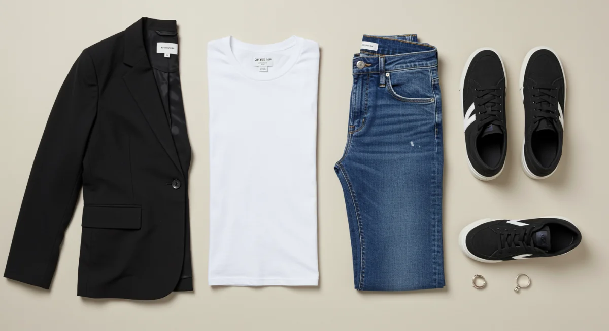 Flat lay of versatile foundational clothing pieces for a capsule wardrobe