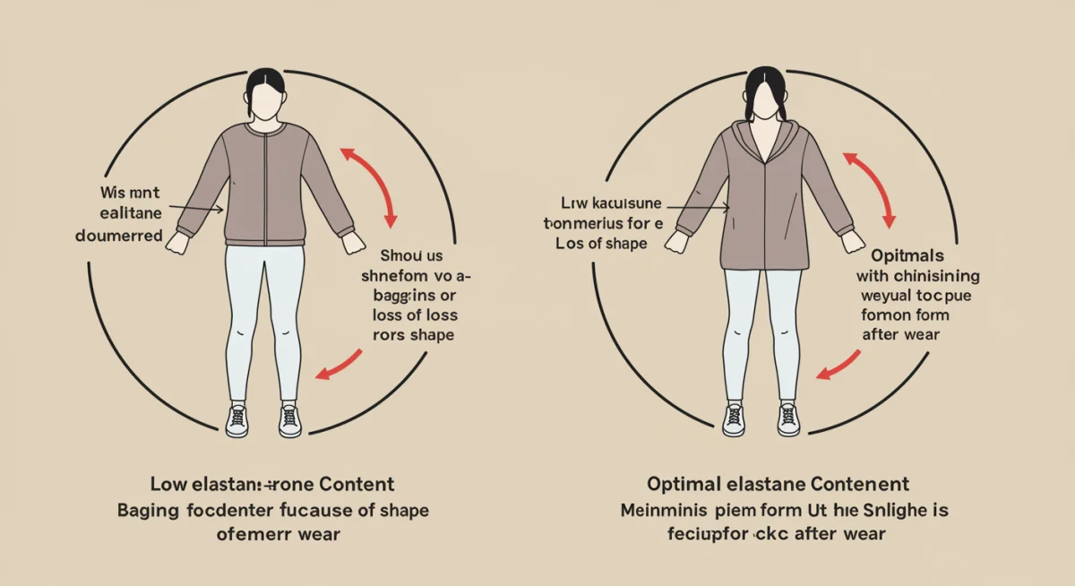 Comparison of garments: one with low elastane losing shape, one with optimal elastane retaining shape.