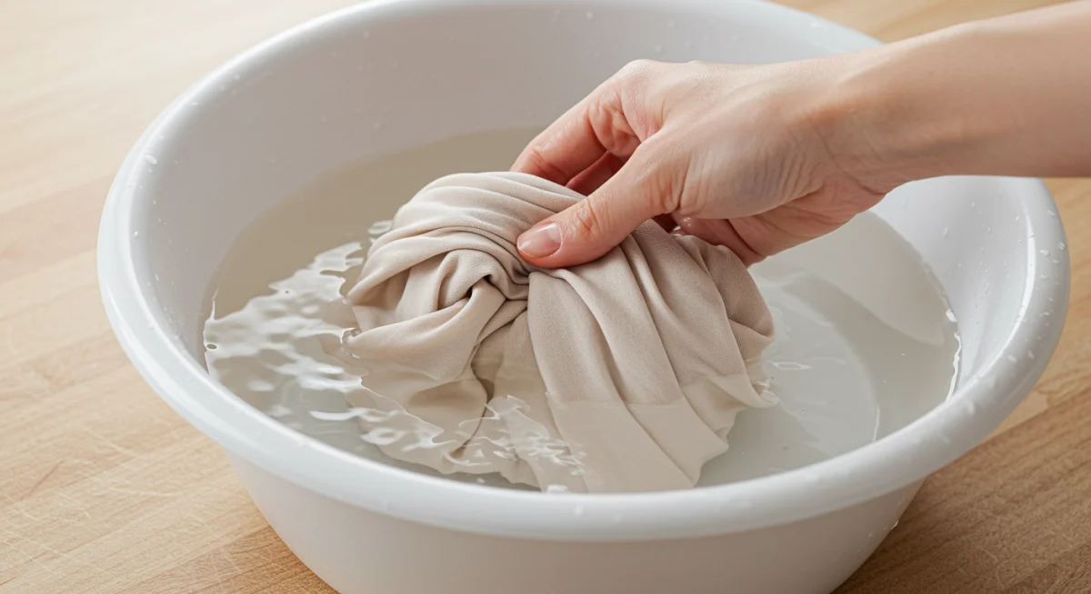 Hand gently pre-washing a delicate fabric in a basin.
