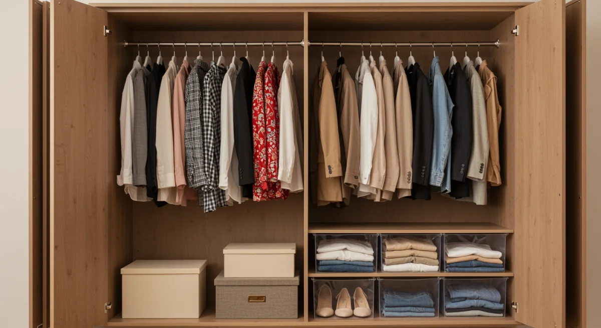 Organized wardrobe showcasing a harmonious color palette curated for a specific skin tone.
