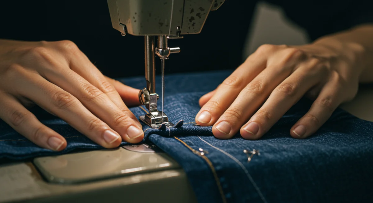 Hands sewing a clothing hem with a sewing machine