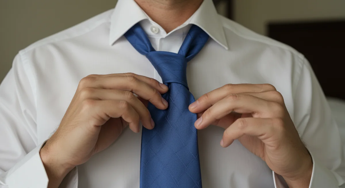 Man demonstrating how to tie a classic necktie for formal occasions